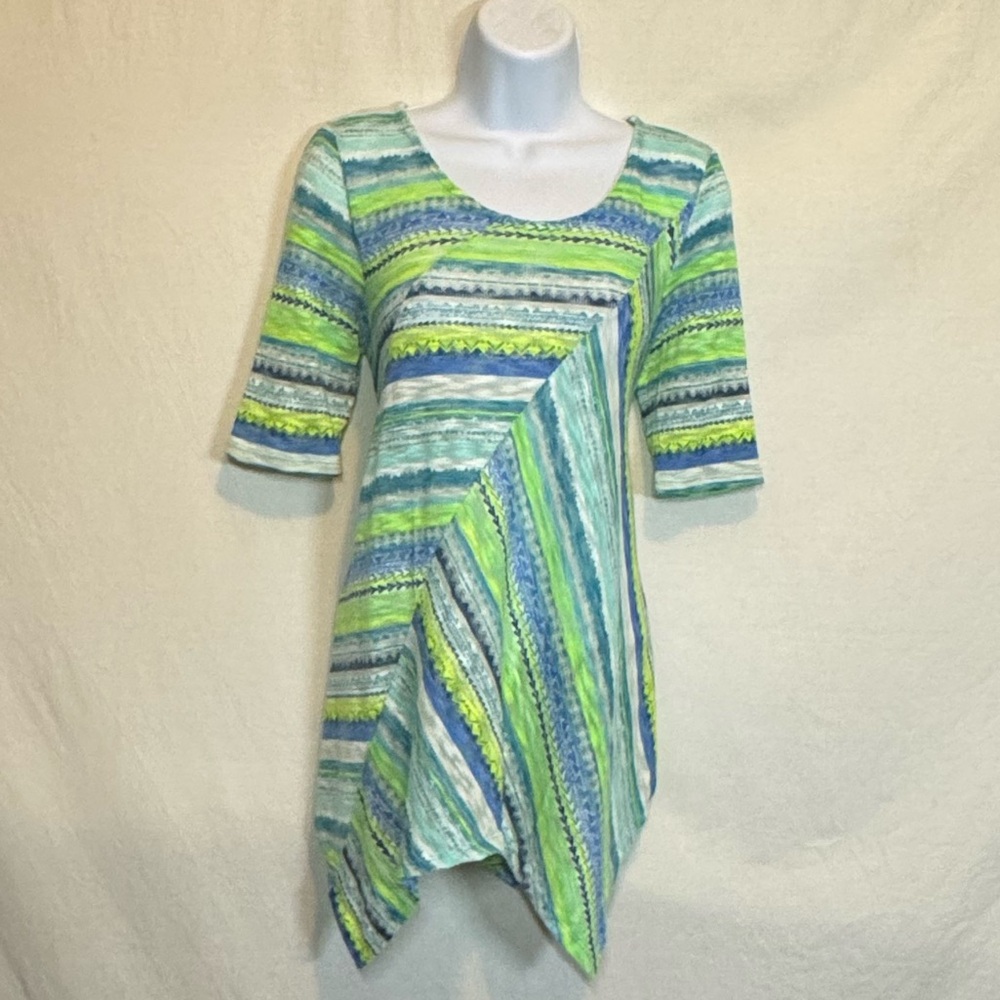 G-59 New Directions Blue Green & White Stripe Short Sleeve Sweater Size S